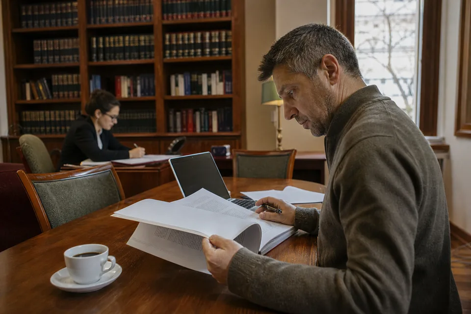 Kupujący czyta prospekt informacyjny przy stole w kancelarii notarialnej