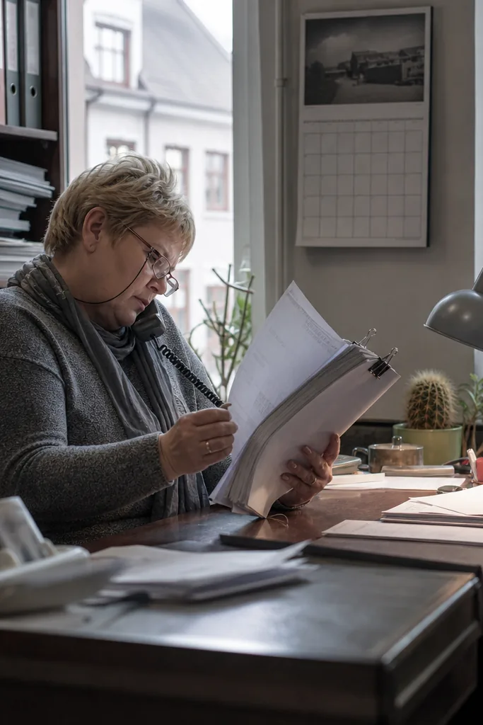 Księgowa w biurze rachunkowym przegląda faktury kontrahenta