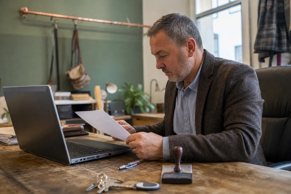 Zarządca nieruchomości sprawdza na laptopie dane firmy najemcy obok wydruku umowy najmu lokalu
