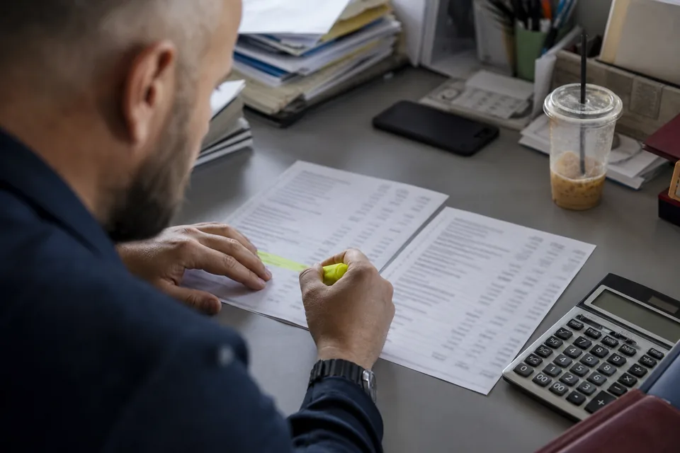 Księgowa porównuje wydruki dokumentów finansowych firmy z danymi na ekranie komputera