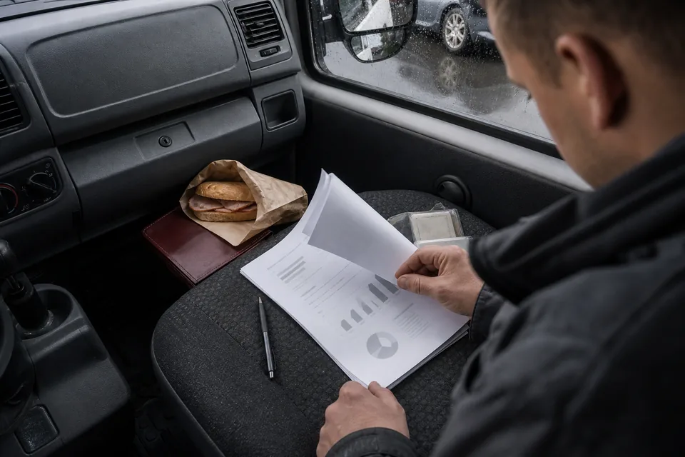 Wydrukowany profil firmy z danymi rejestru na siedzeniu samochodu dostawczego